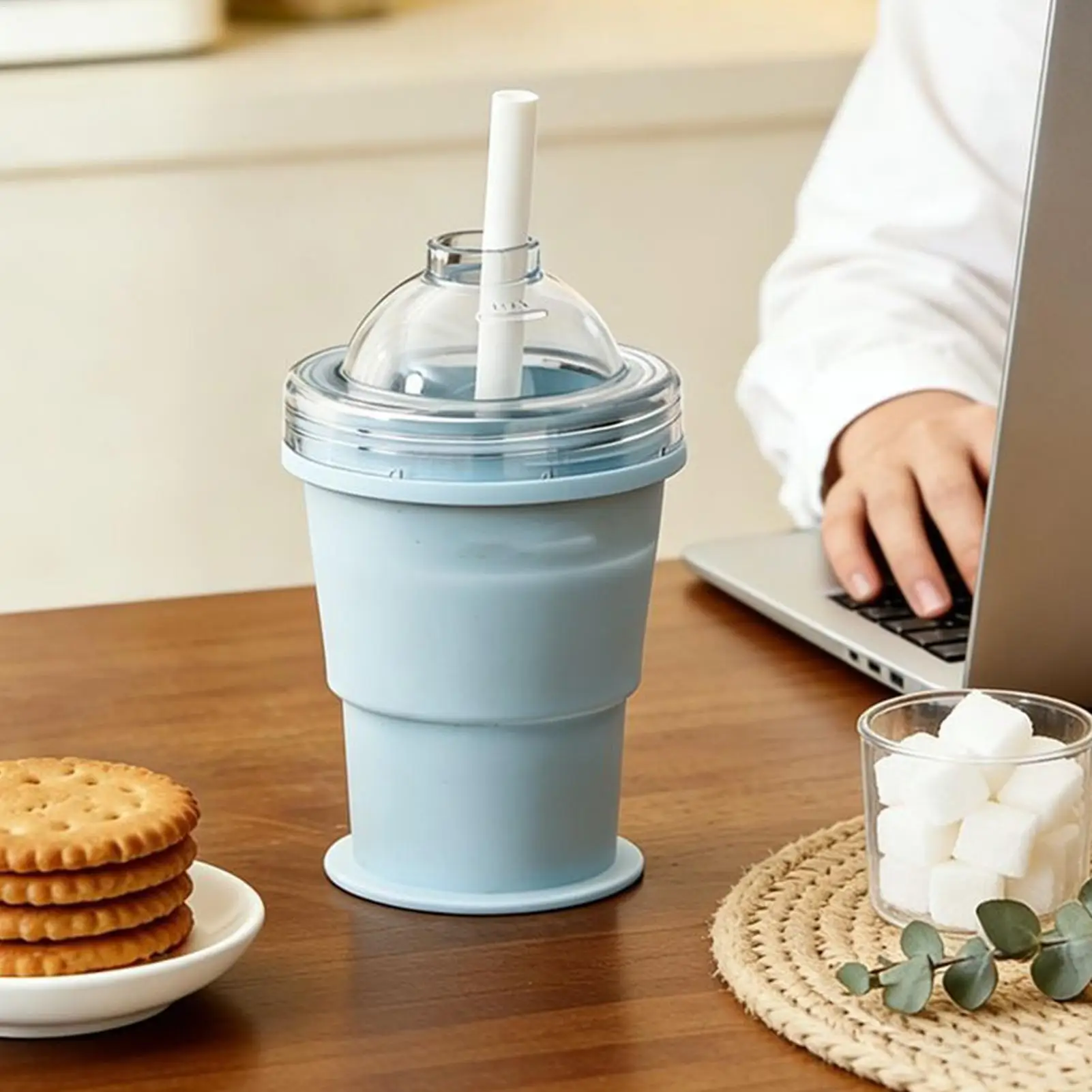 325ml Silicone Sphere Ice Mold with Straw and Lid Leakproof Reusable Ice Ball Maker Cup for Milk Beer Soda Cocktail Beverage