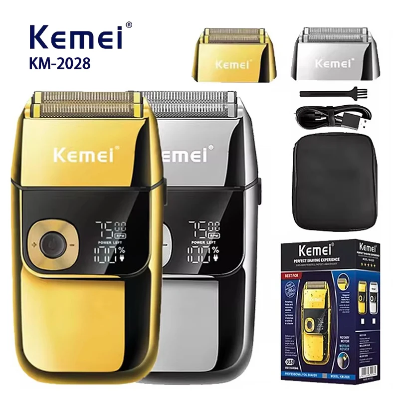 Kemei KM-2028 Vollmetall Waschbarer Elektrorasierer USB-Ladefunktion Wiederaufladbarer Rasierer Herrenrasierer Gold und Silber Trimmer