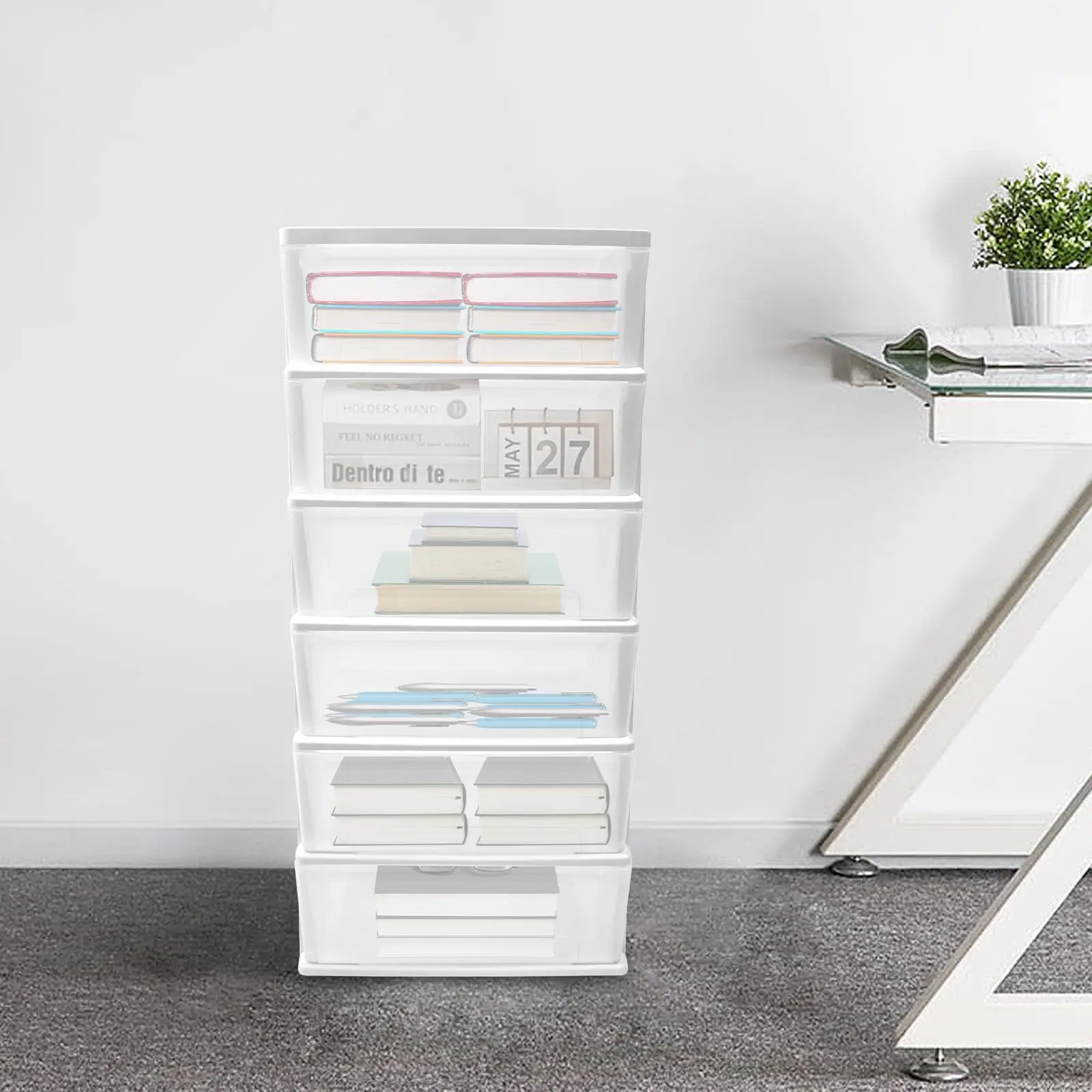 عربة تخزين دوارة مكونة من 6 طبقات مع عجلات، وخزانة تخزين بلاستيكية قابلة للتكديس مع أدراج شفافة للخزانة والمكتب،