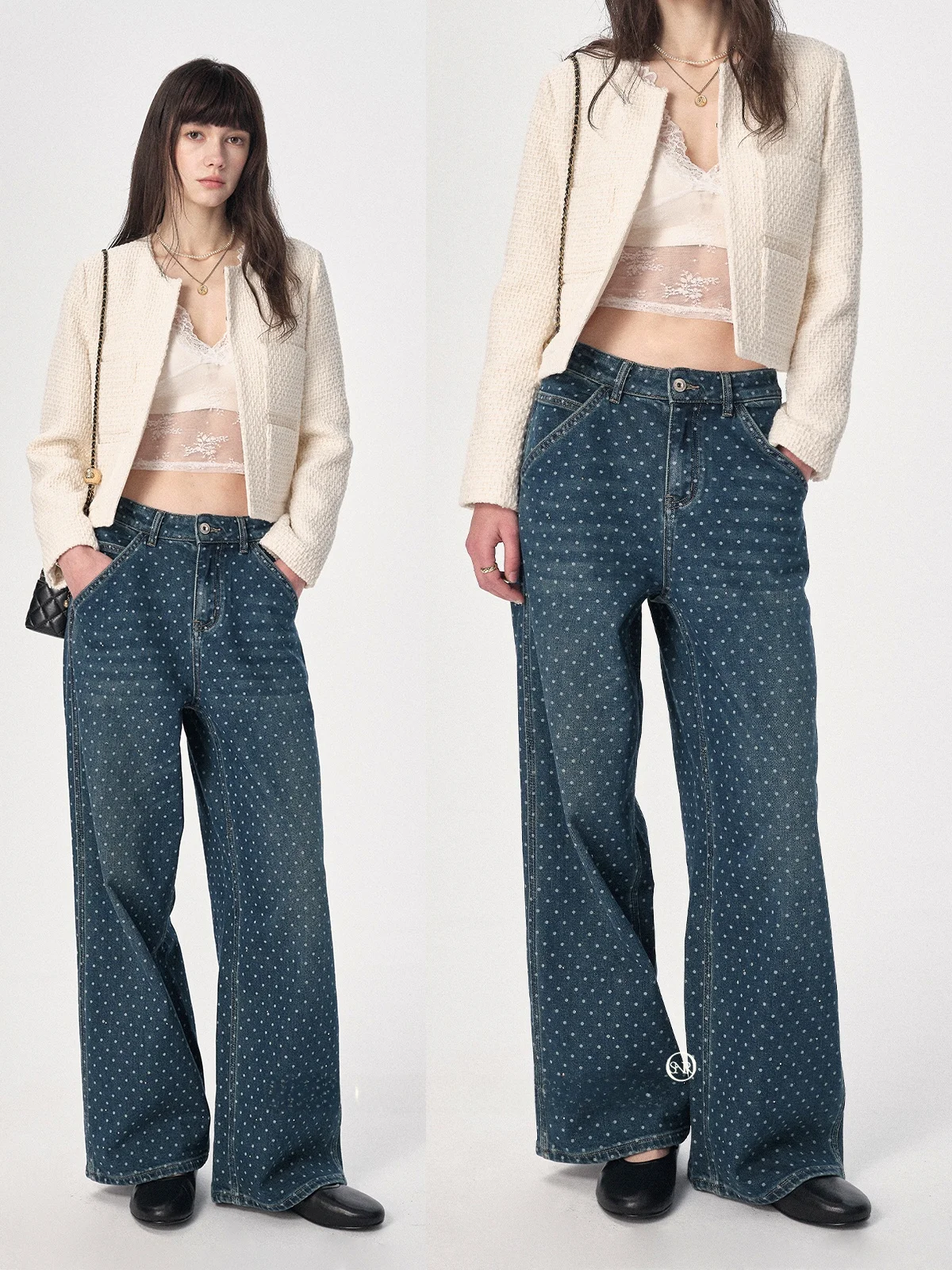 

Джинсы прямого кроя с оригинальным дизайном и лазерным принтом в горошек SOUAROUND, повседневные, с широкими штанинами, на молнии, из эластичного хлопкового денима