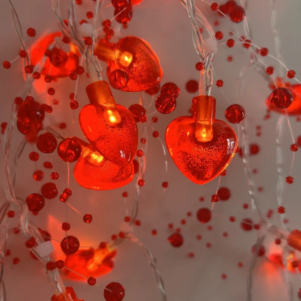 

10/20LED Red Love Bead String Lights Pearl Fairy Light Wedding Garland Home Decor Birthday Party Valentine's Day Decorations