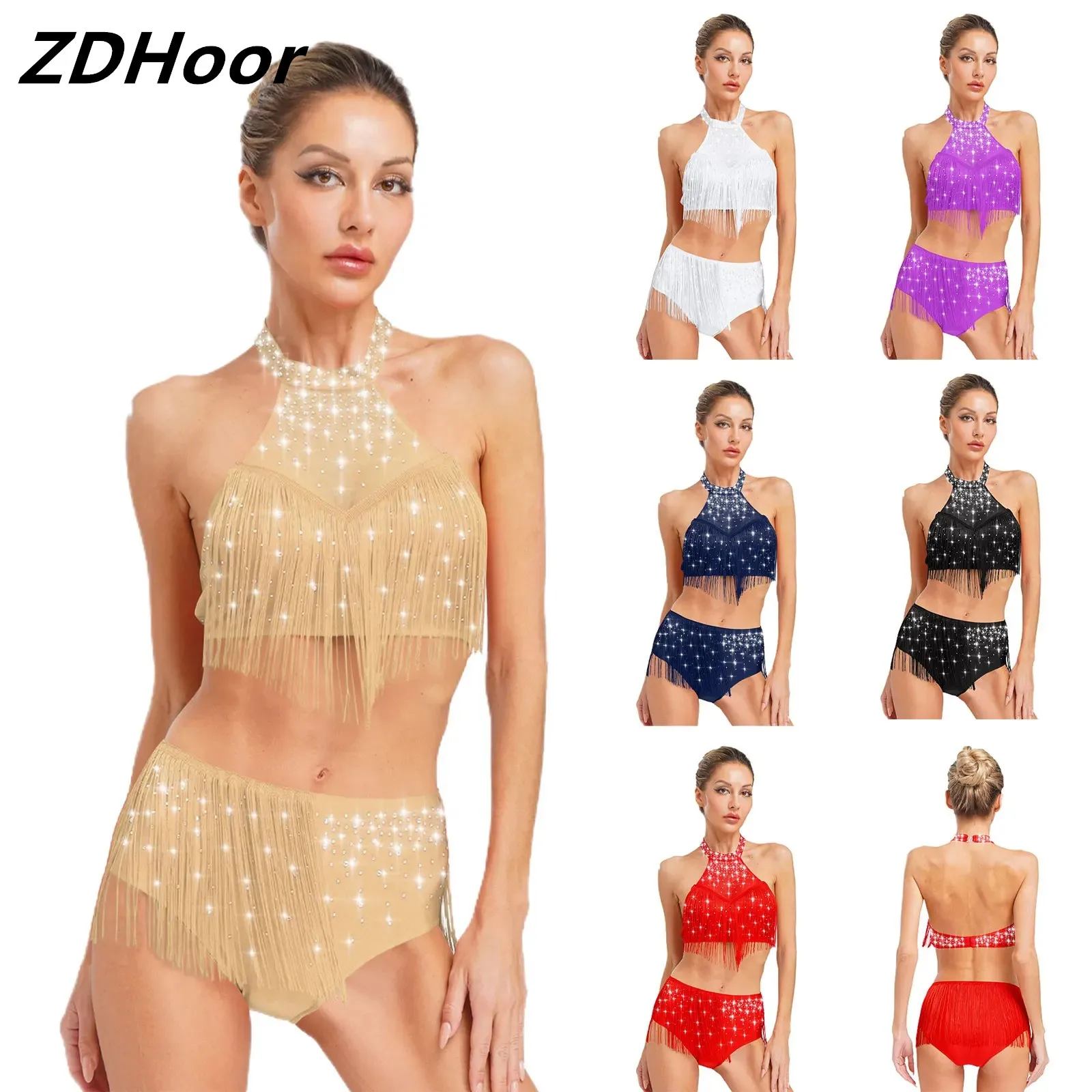 

Womens Belly Dance Outfits Halter Sheer Mesh Crop Tops And Tassel Underwear Shorts for Salsa Samba Dancing Party