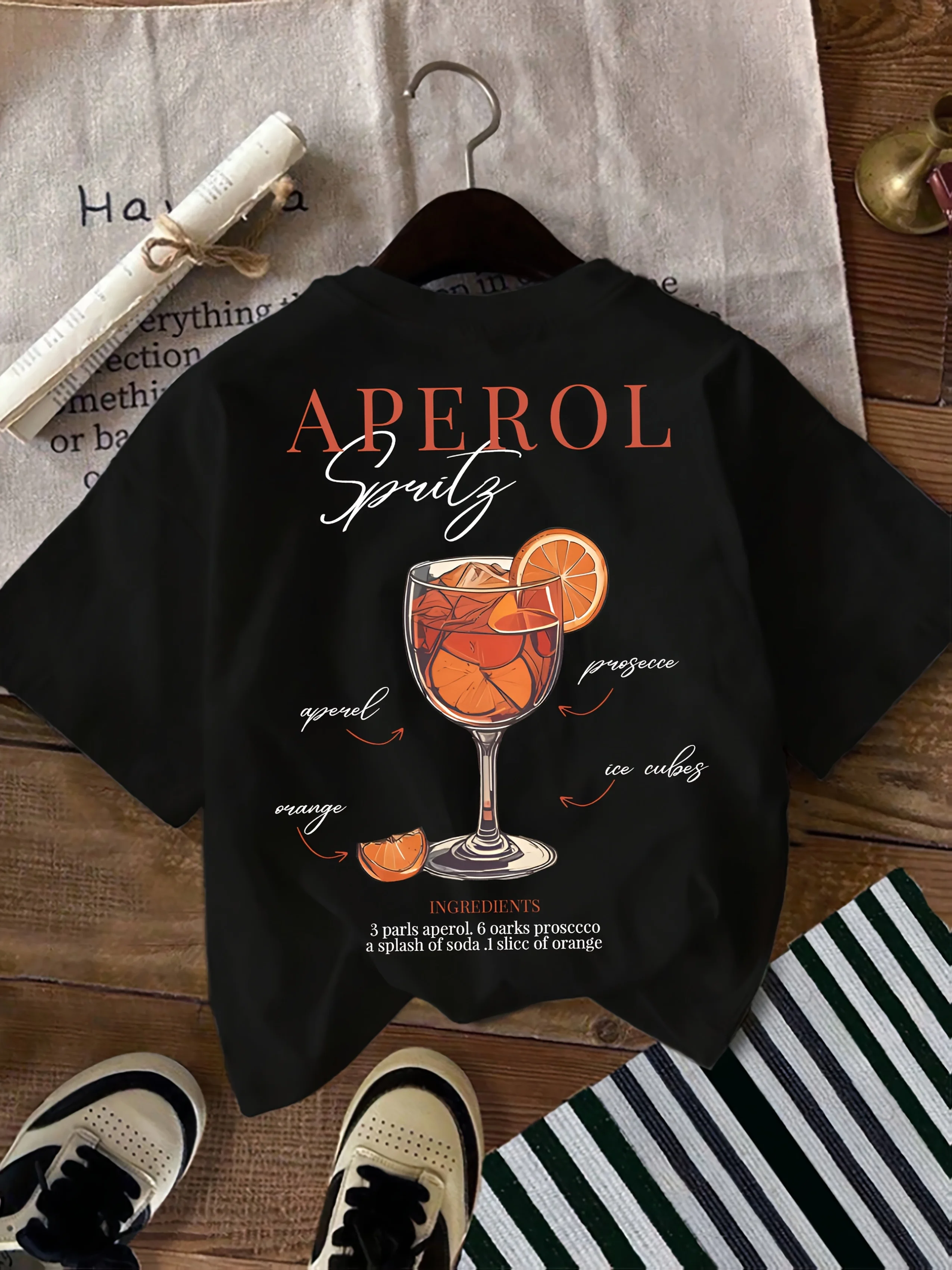 Bedrucktes Kurzarm-T-Shirt mit Rundhalsausschnitt „Orange Cocktail“, lässiger Urlaubsstil, geeignet für den täglichen Sommer