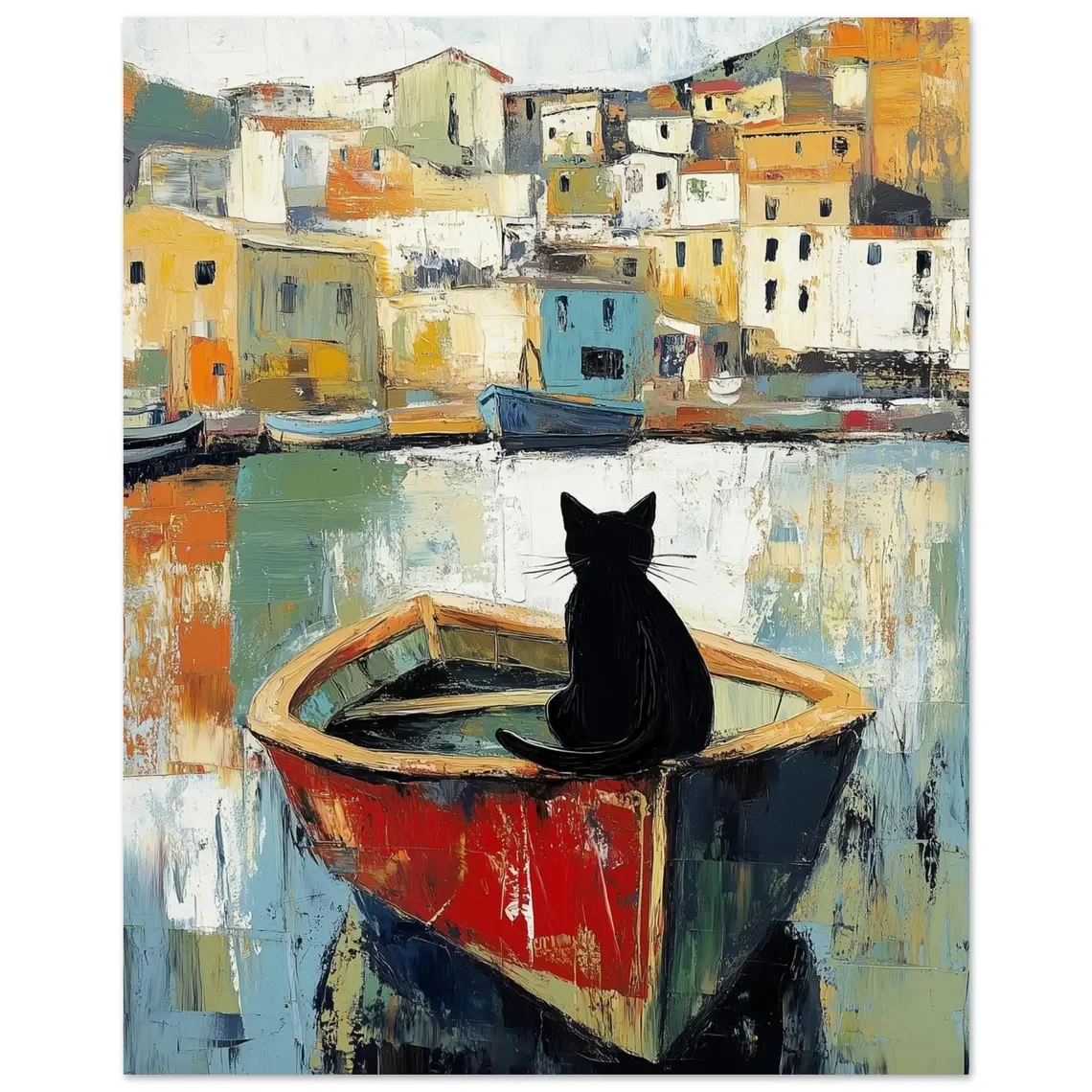 Abstraktes Ölgemälde mit schwarzer Katze, Fischer-Wandkunstdruck, Matisse-Druck mit schwarzer Katze, modernes, farbenfrohes Katzenposter, Katze beim Angeln
