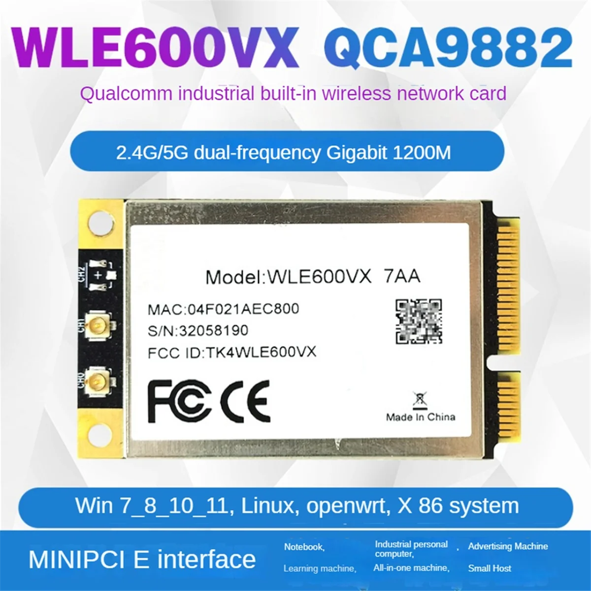 Wle600vx banda dupla 2.4ghz 5ghz 802.11ac/abgn mini cartão pci express mimo 2x2 onda 1 módulo de cartão wi-fi atheros qca9882