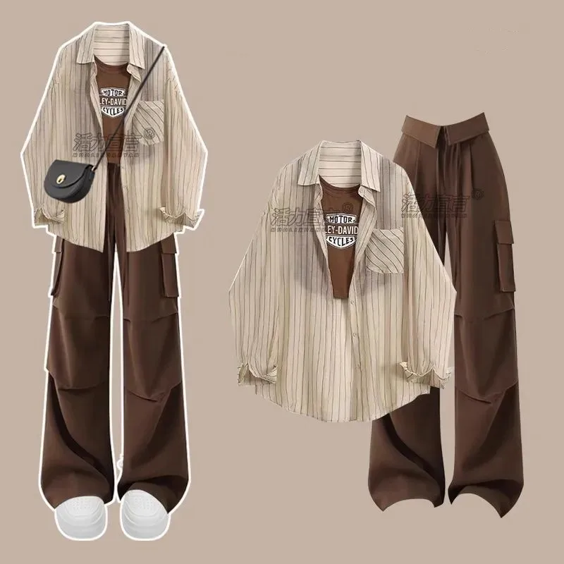 

Women's Summer New Casual Chiffon Sunscreen Shirt+Retro Cargo Pants Two-piece Suit Korean Elegant Cardigan Trousers Matching Set