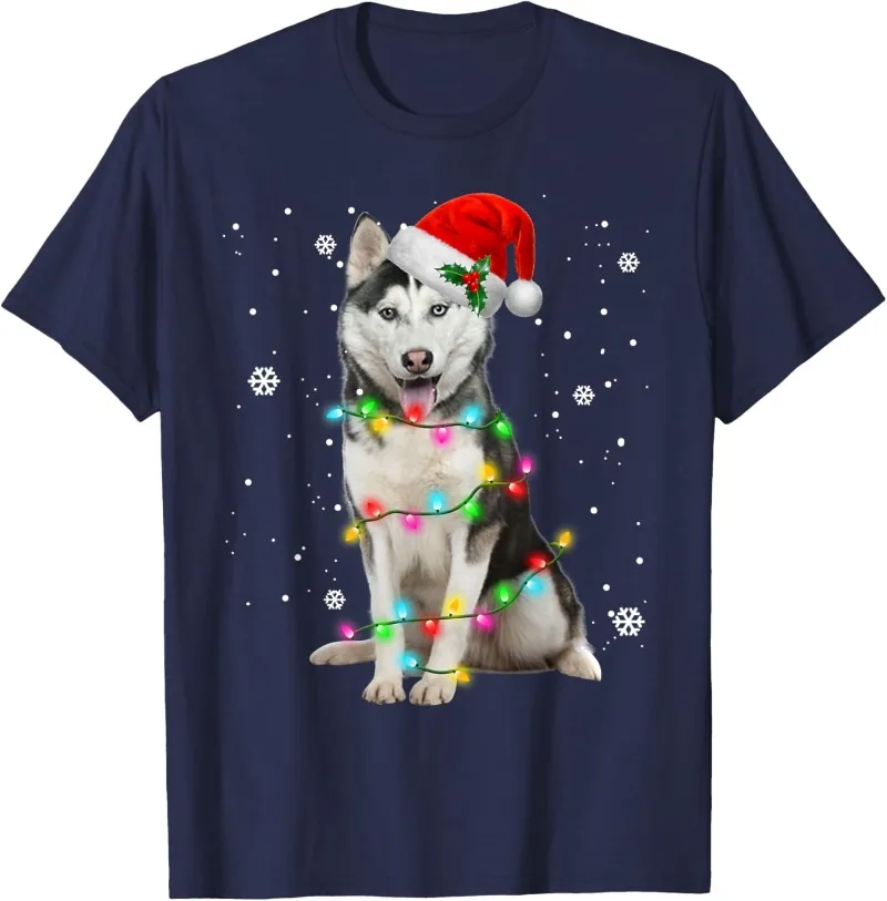 Funny Husky Dog Santa Hat Christmas Tree Xmas Gifts for Dogs Lover T-Shirt Cute Husky Men's T Shirt Woman Tees Graphic T Shirts