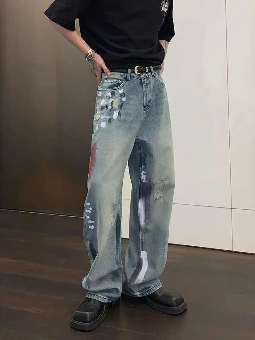 Calças Jeans Retrô Americanas Lavadas com Grafite e Rasgos, Unissex, Estilo High Street, Soltas, de Perna Reta e Larga, Compr...