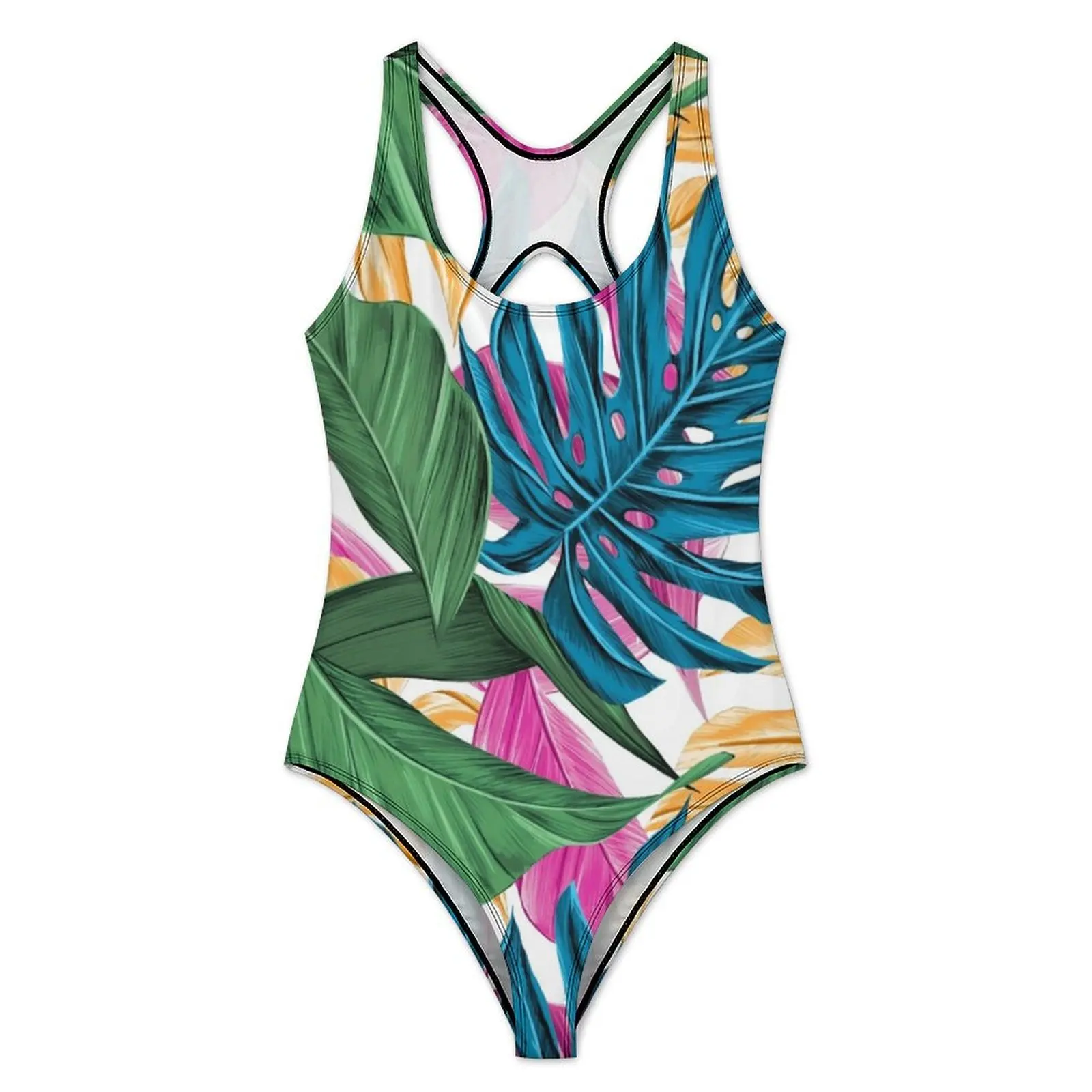 Colorful Leaves Swimsuit Sexy Tropical Palm Print One Piece Swimwear Push Up Bodysuit Fantasy Holiday Swim Monokini