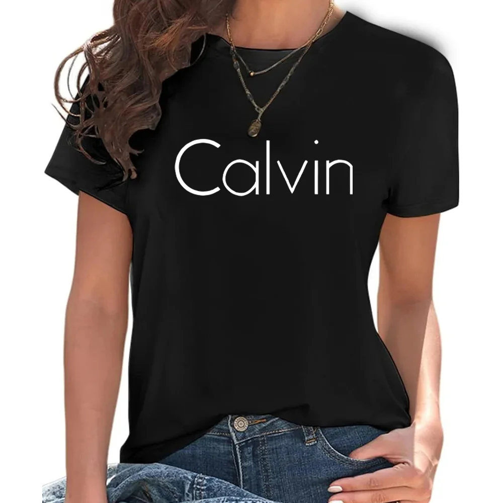 Calvin-Camiseta de manga corta con estampado del alfabeto para mujer, ropa con cuello redondo, tendencia de verano