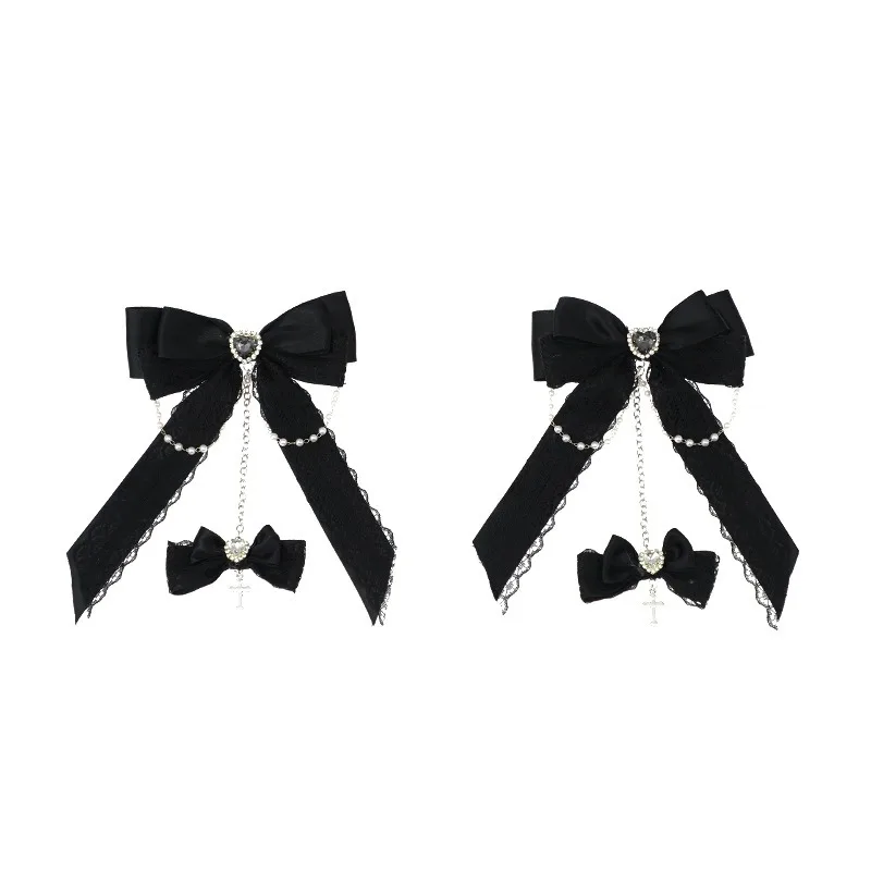 مشبك شعر على شكل فيونكة دانتيل سوداء للسيدات من لوليتا اليابانية، مشبك شعر على الطراز القوطي مع مشبك شعر على شكل ذيل حصان مزدوج بنمط داكن