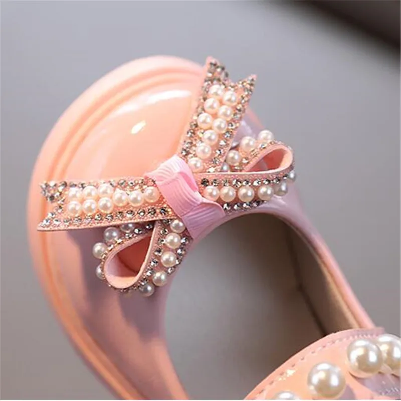 Zapatos de cuero de princesa para niñas, zapatos planos de lentejuelas de fondo suave, zapatos de boda para bebés con perlas