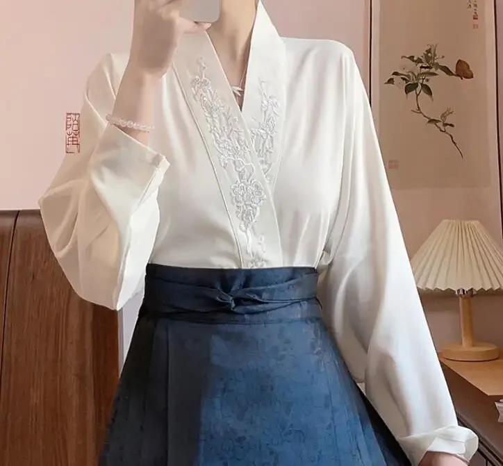 Camicia cinese Hanfu donna primavera camicetta bianca ricamo top