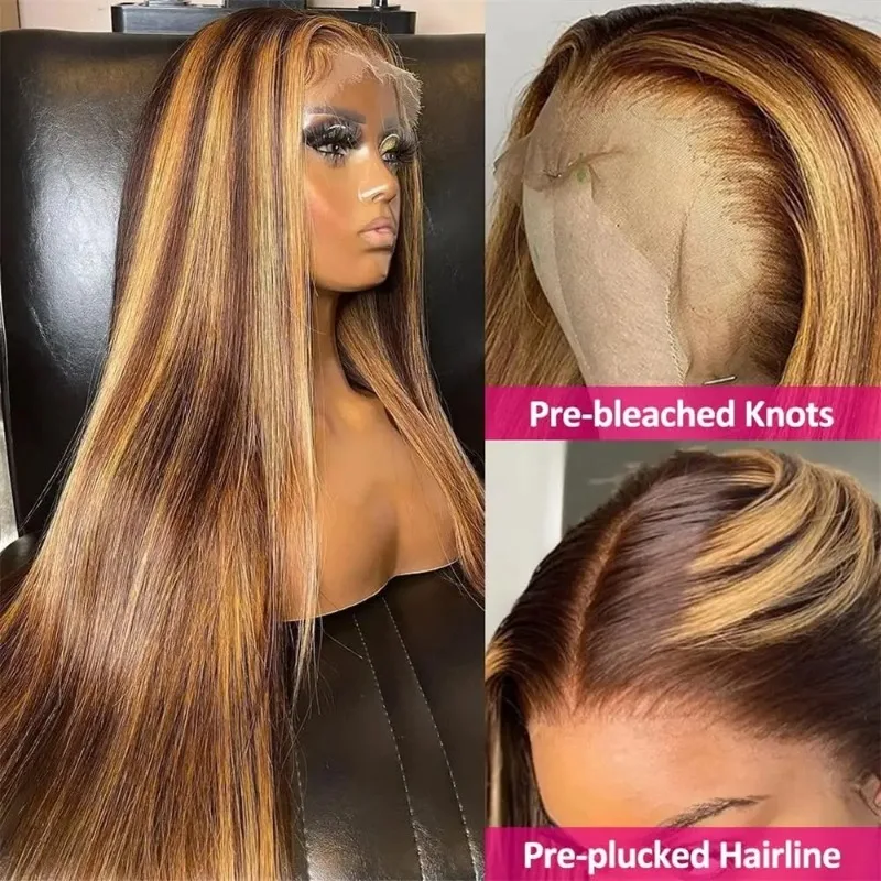 Glueless 4/27 Highlight Ombre Straight Wigs Pre Plucked With Baby Hair Brazilian Bone Straight Lace Front Human Hair Wigs