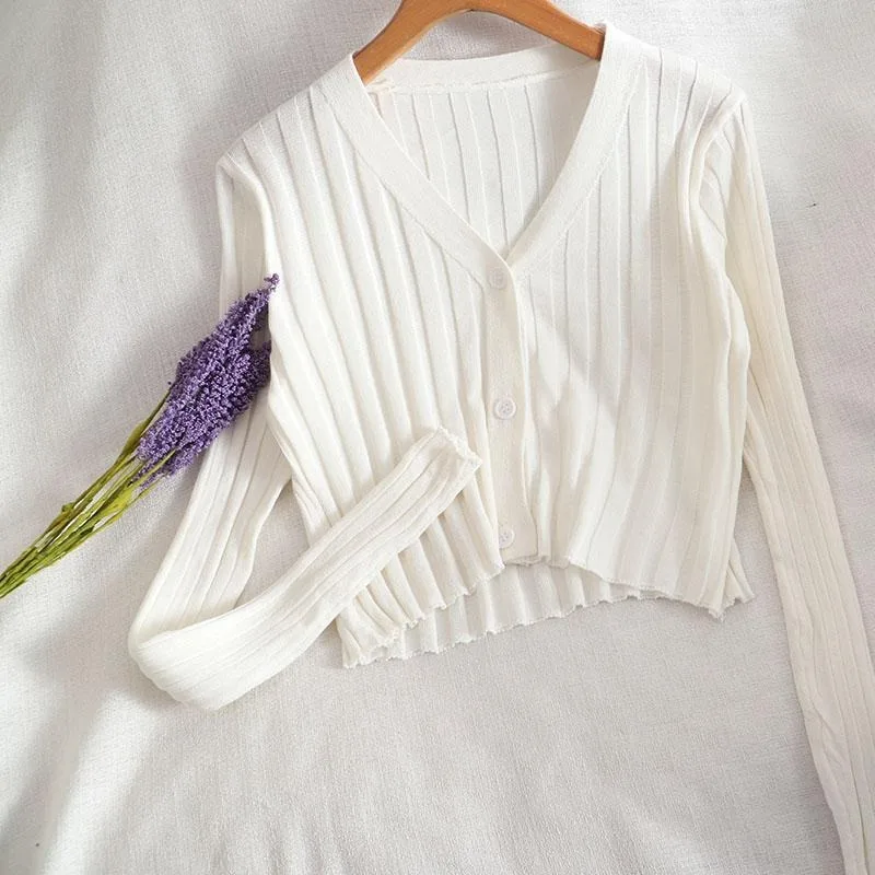Women Pink Ribbed Knit Cardigan V Neck Long Sleeve Button Down Crop Top Slim Fit Short Knit Sweater Casual Outerwear