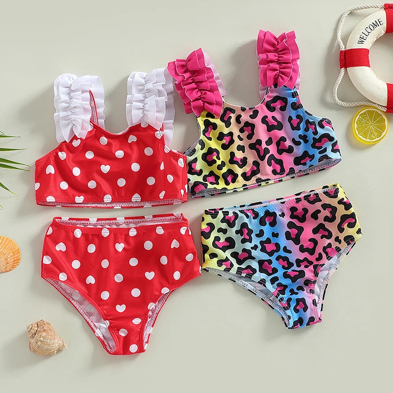 Yiiciovy Baby Kid Girl 2 sztuk stroje kąpielowe Bikini Set lato Leopard/serce nadruk w kropki podkoszulki bez rękawów z szorty plażowe stroje