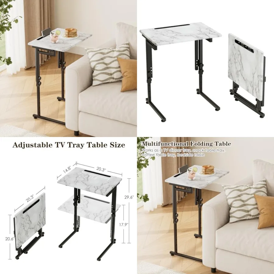 

TV Tray, Folding TV Dinner Table, Adjustable Small C-Shaped End Tray for Eating, Foldable Slide Under Couch Side Table for Recl
