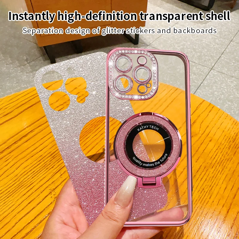 For iPhone 15 14 Plus 13 12 11 Pro Max Phone Case, Flash Powder Gradient Rhinestone Electroplating Bracket Cover