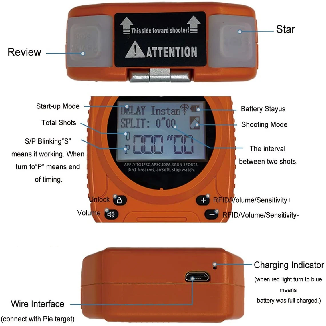 Shot Timer Adequado para Dry Fire Training, Gun Shot, Caça, Tiro, USPSA, IPSC Timer, EPSC, IDPA, 3 armas, Steel Challenge