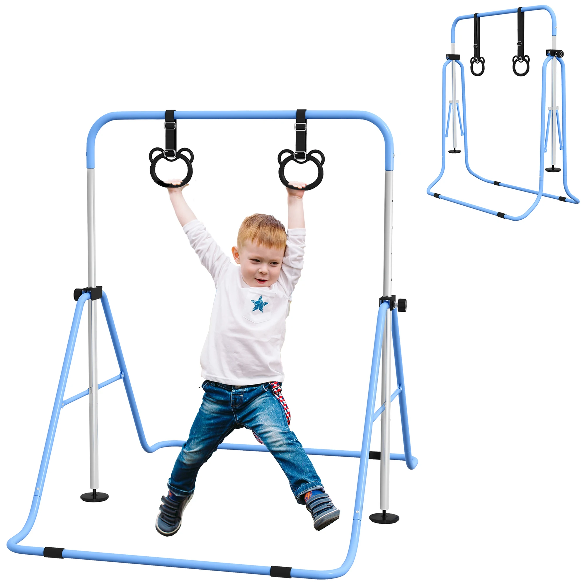 Homcom Gymnastiekbar voor kinderen met verstelbare hoogte in 5-niveaus en ringen Opvouwbare gymnastiektraining thuis
