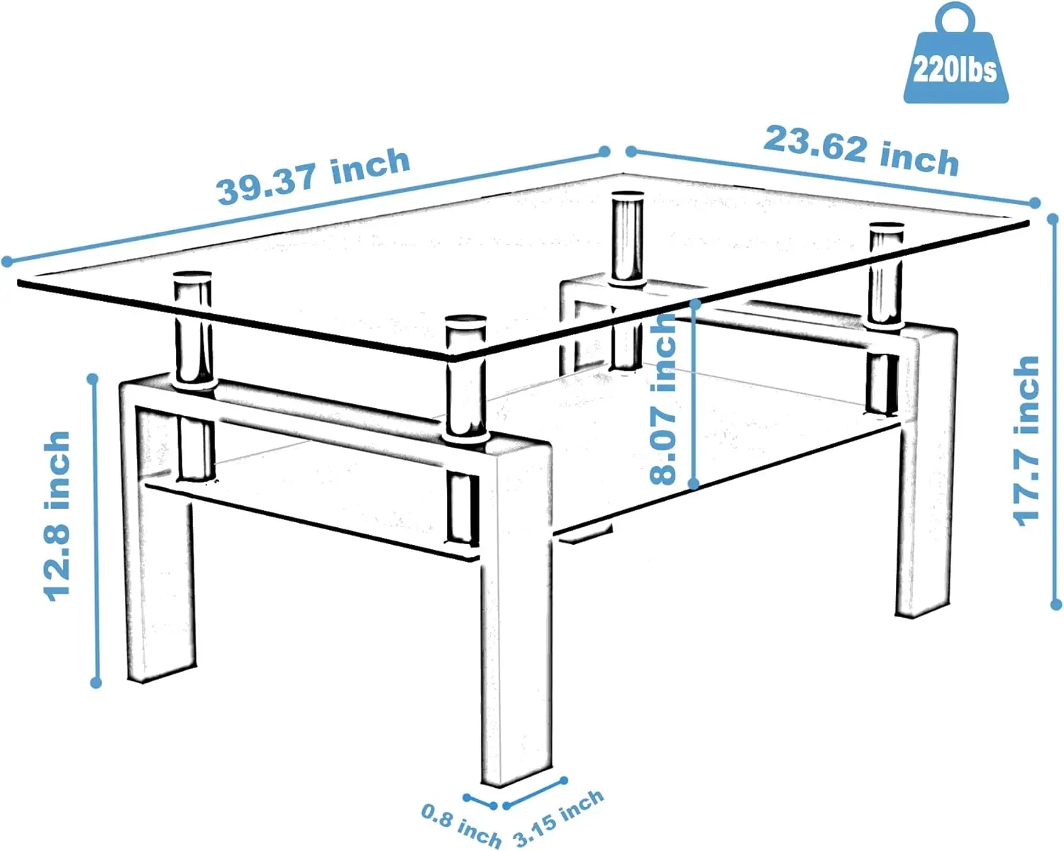 Rectangle Glass Coffee Table, Clear Coffee Table, 2-Tier Modern Side Coffee Table For Living Room, Metal Tube Legs, White