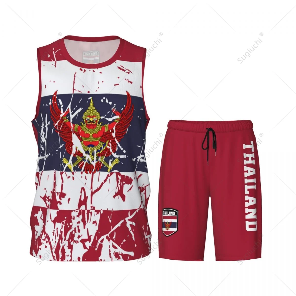 Thailand Flag Grain Men Basketball Set Shirt & Pants Sleeveless
