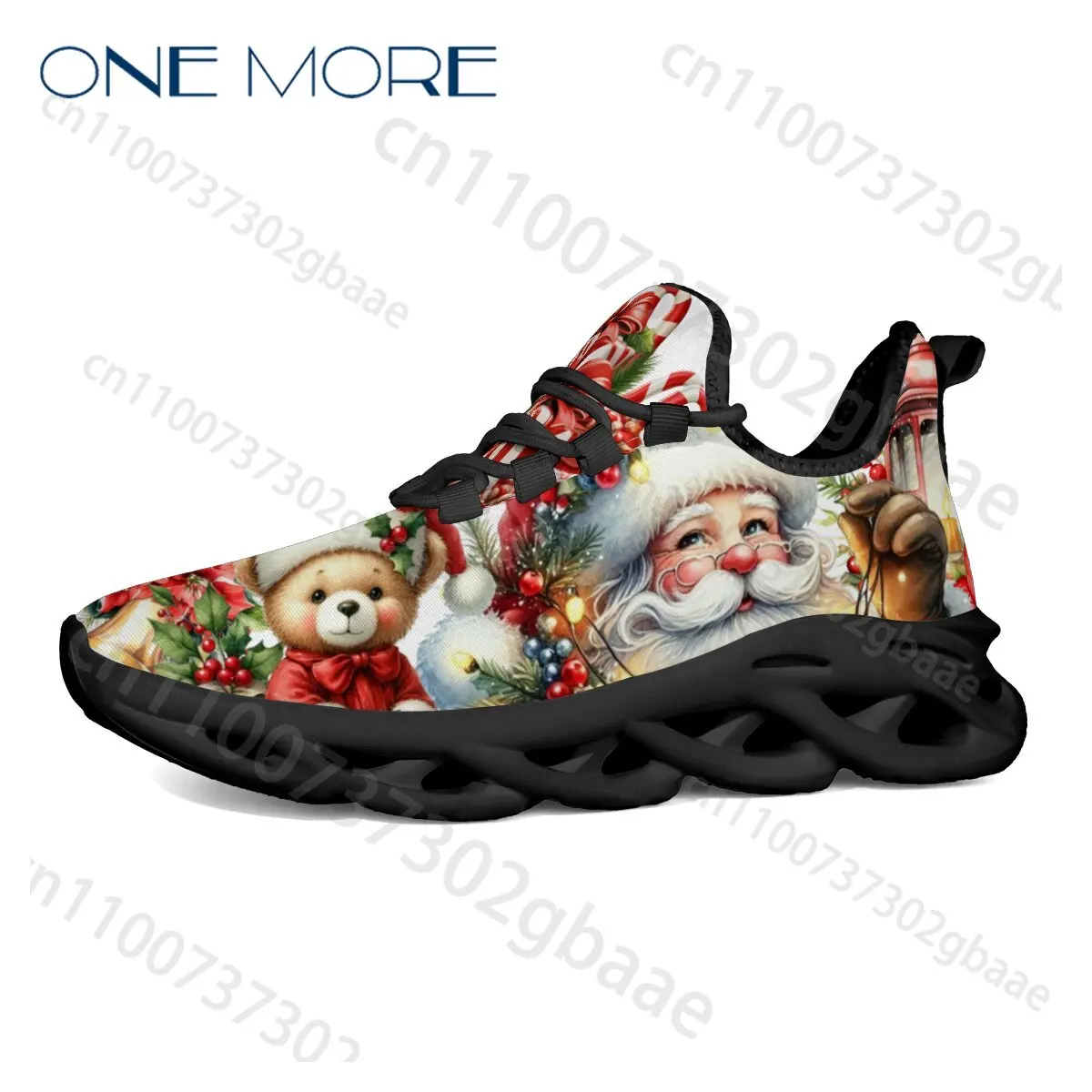Christmas Santa Claus and Teddy Bear Adult Light Shoes Festive Berry Decor Breathable Unisex Waterproof Wholesale Print Shoes