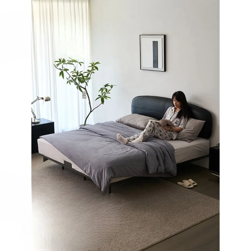French retro black leather bed master bedroom bed ultra-thin bed