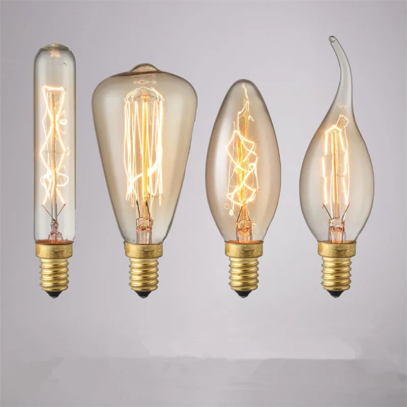 2PCS E14 Small Screw Edison Bulb Retro Tungsten Source Warm Yellow Light Decorative 40W Dimmable Without Strobe Filament Bulbs