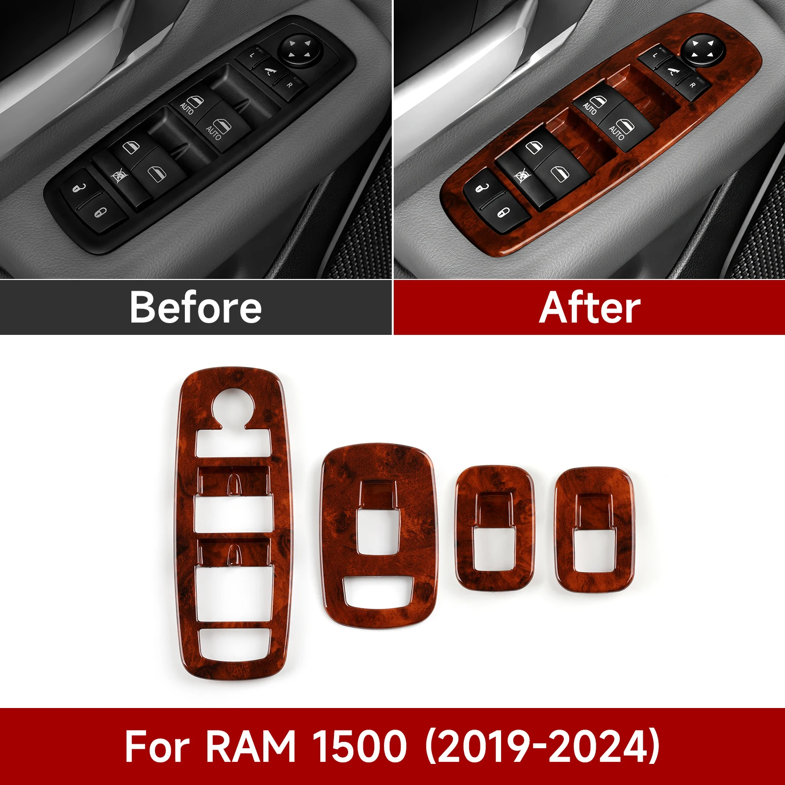 Car Window Lift Switch Button Panel. Wood Grain Interior Sticker.ABS Trim Accessories.For Dodge RAM 1500 2019-2026.