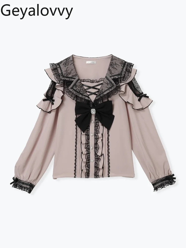 خريف جديد الإنتاج الضخم بحار طوق تنوعا قميص الحلو لطيف الفتيات الدانتيل بلوزة خارج الكتف القوس كم طويل بلايز #3