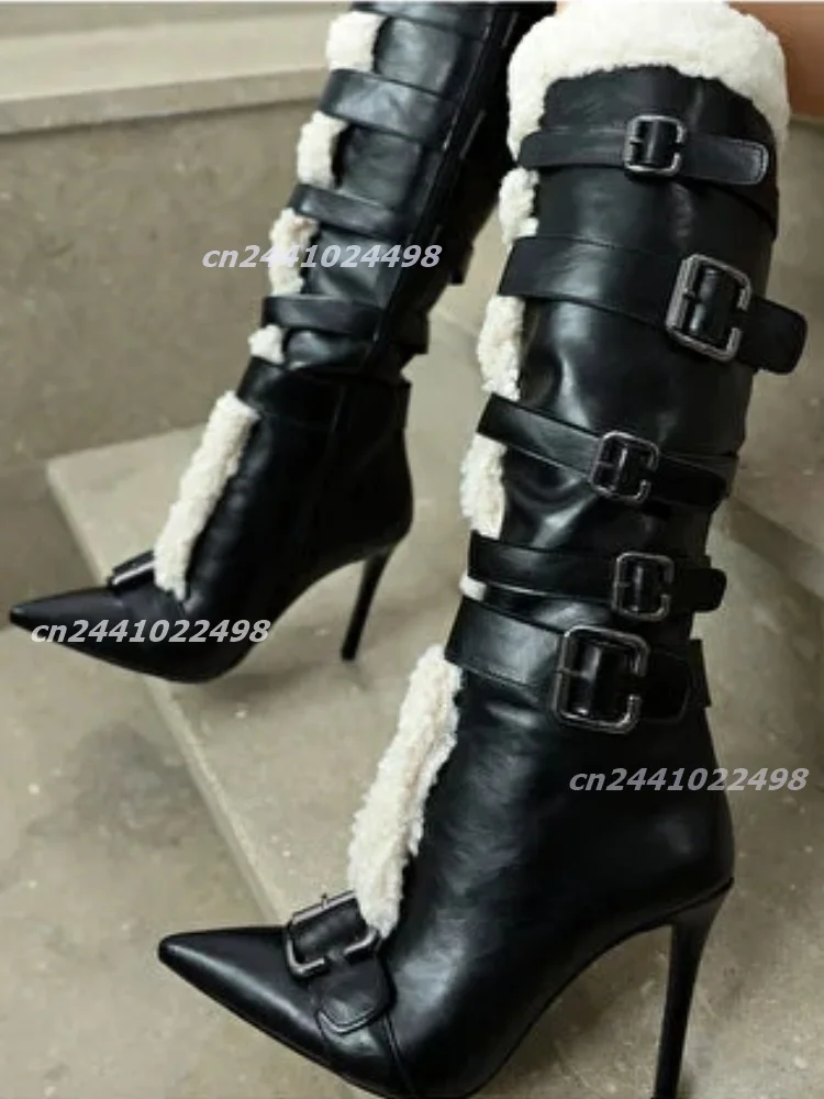 Women Fleece Lined Knee High Boots Stiletto Heel Multi Buckle Design, Contrast Fluff Trim Side Zip Matte Leather Patchwork Shoe