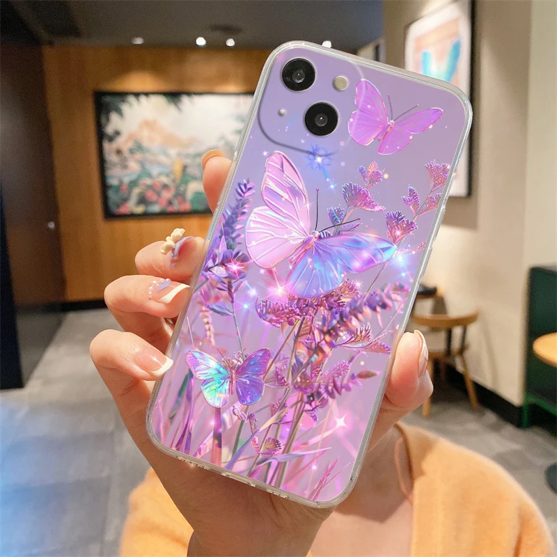 Phone Case For iPhone 16E 15 16 14 13 12 11 Pro Max XS Max 7 8 16 Plus SE2 Soft TPU Clear Cover floral and butterfly patterns #3