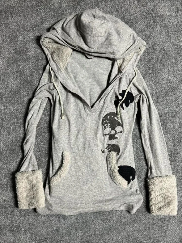 

Y2k Aesthetic Print Fur Patchwork Hoodie Women Streetwear Drawstring Hooded Tops Harajuku Sweatshirt Slim Grunge Pocket Hoody
