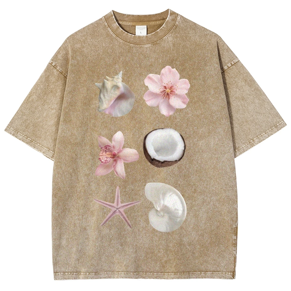 Koszulka graficzna Y2k z nadrukiem muszelek i kwiatów, w stylu morskim, tropikalnym i naturalnym, z miękkiej tkaniny, idealna na plażę i na co dzień.