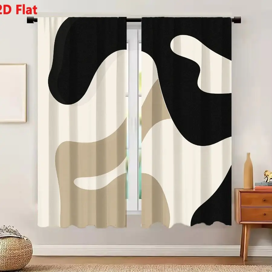 2Pcs Curtains 2D Flat Abstract Artwork With Smooth Organic Irregular Shapes In Black Off-White And Light Brown Minimalist Modern
