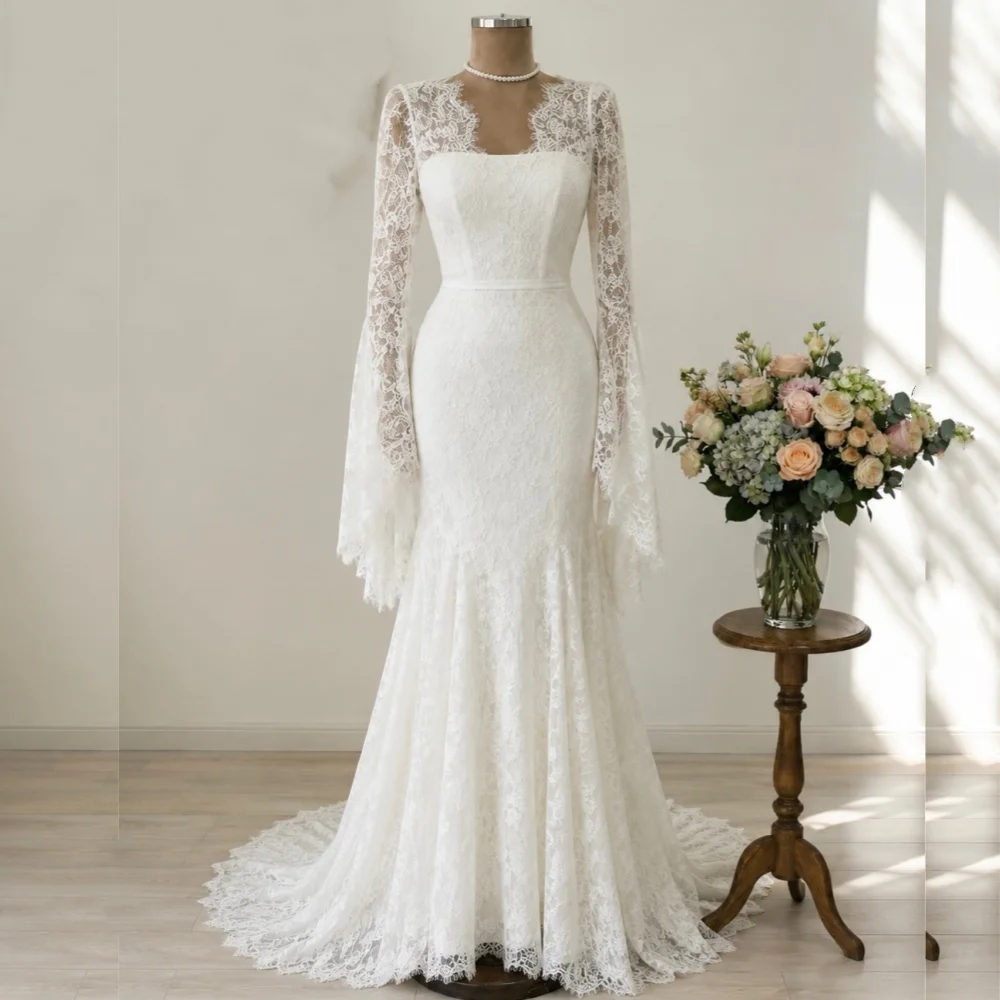 Maßgeschneidertes Spitzenkleid Hochwertiges Langarm-Meerjungfrauenkleid mit Falten Bodenlang Elegantes Partykleid für Hochzeiten Formelles Kleid