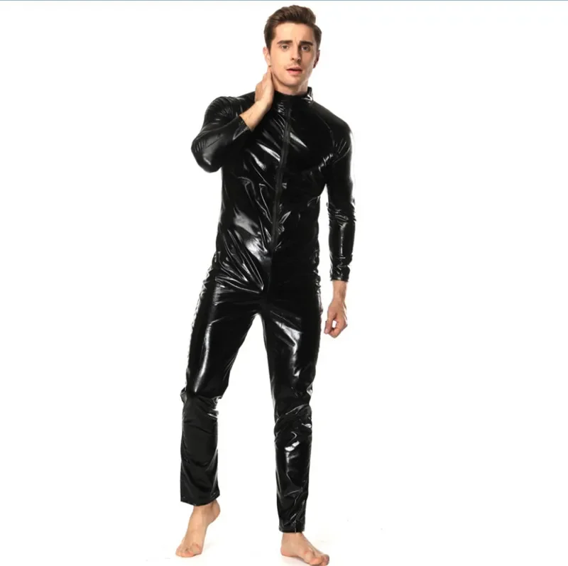 

Male PVC Leather Bodysuit Black Open Crotch Zipper Jumpsuit Mens Fetish Latex Clubwear