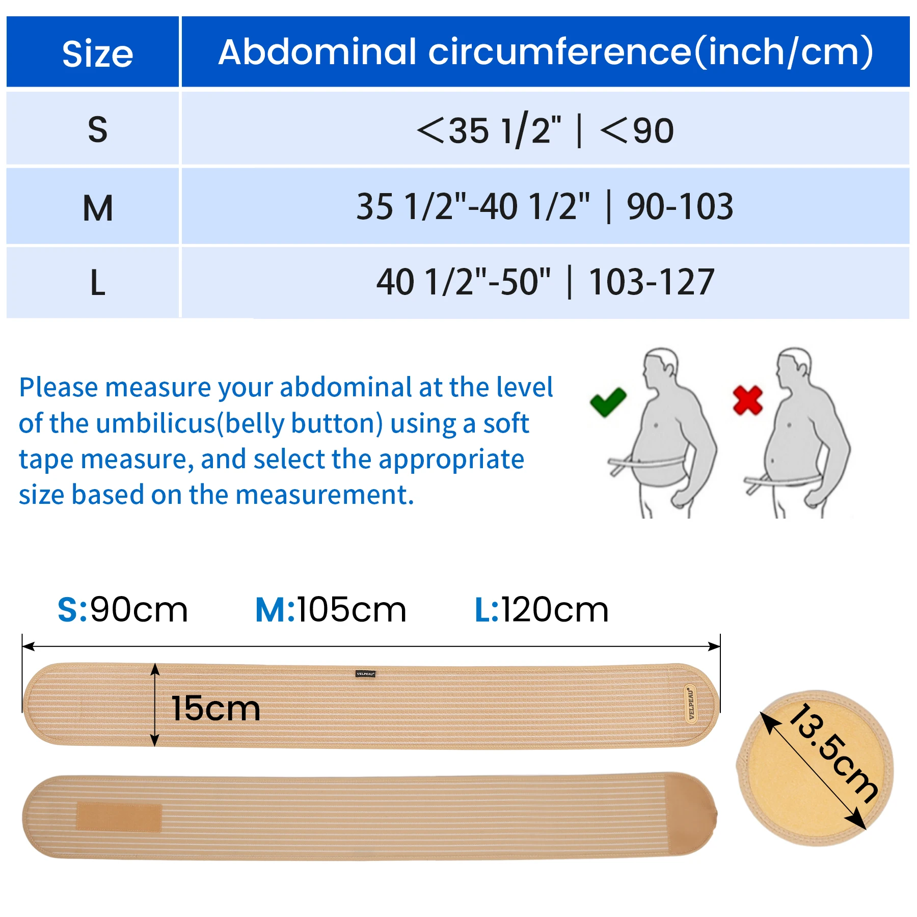 VELPEAU Umbilical Hernia Belt for Epigastric Incisional and Belly Button Hernia, Abdominal Support Binder with 1 Compression Pad