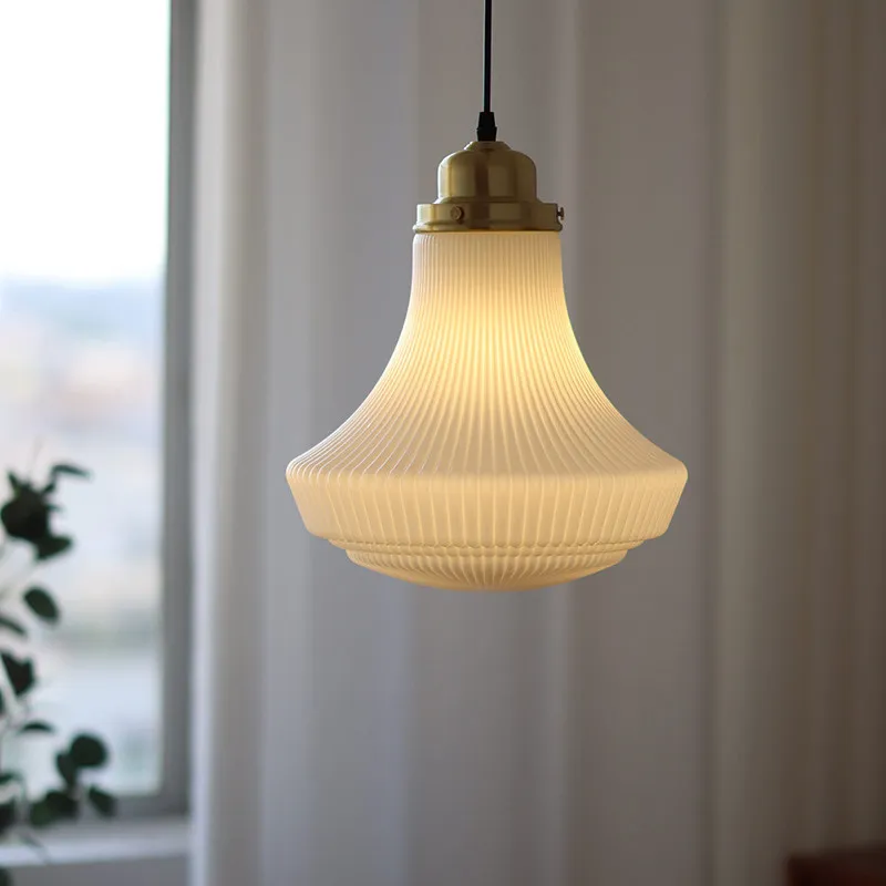 Vintage Milk‑White Ribbed Glass Pendant Light E27 Gold Hanging Ceiling Lamp for Kitchen Island Dining Room Home Decoration
