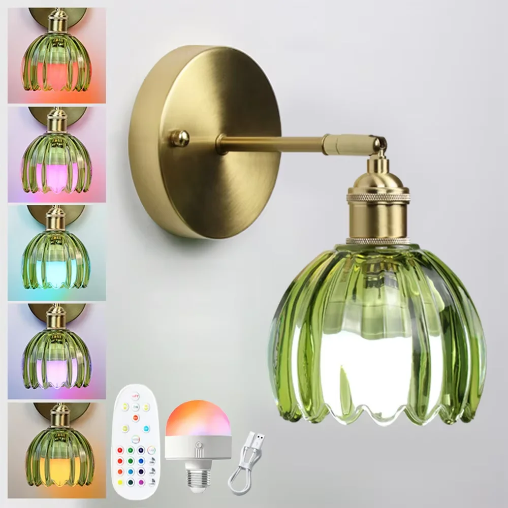 Retro Glass Wall Lamp LED RGB Rechargeable Bulb Wireless Remote Control Tulip Lampshade Bedroom Bedside Study Corridor Lighting