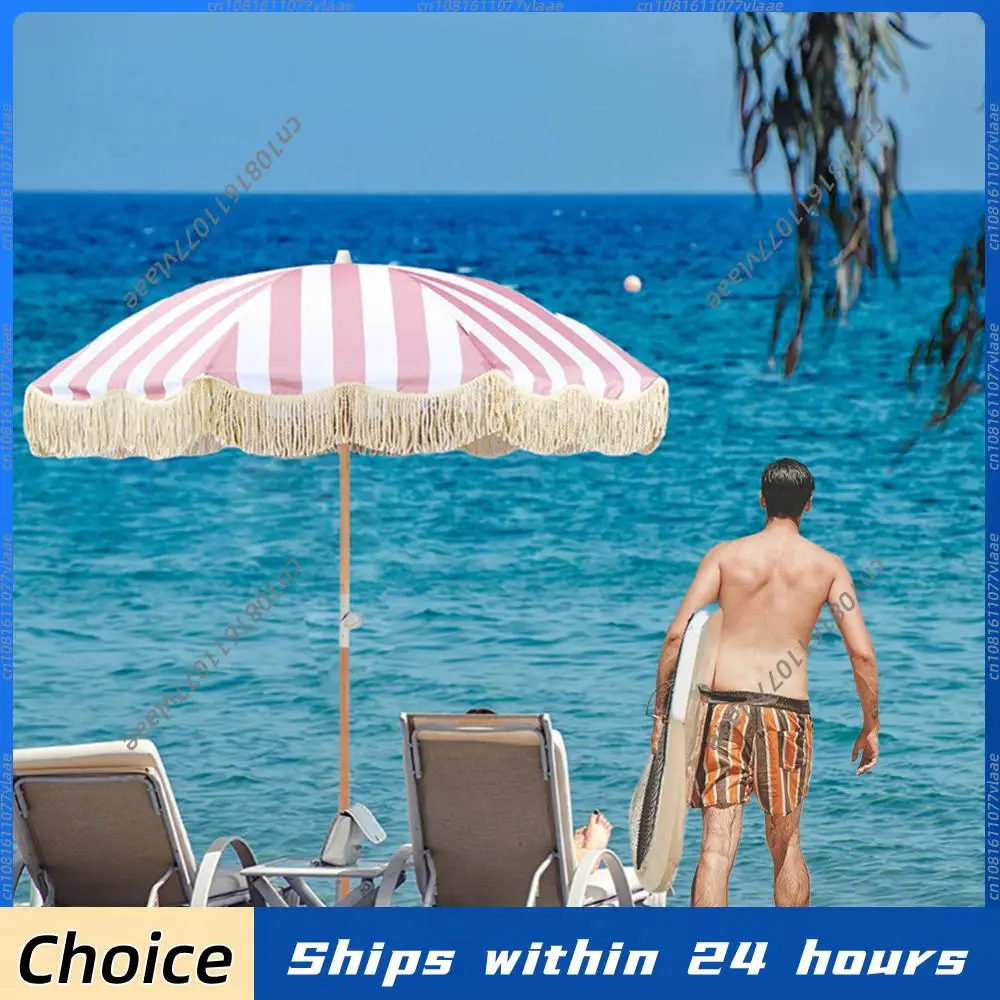 Striped Outdoor Sunshade Umbrella with Fringe Sun Shelter with Tilt Pole for Balcony Terrace Swimming Pool Beach Garden