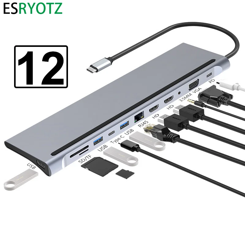 

USB-Разветвитель 12 в 1 с USB 3,5 на два разъема HDMI, 4K, RJ45, VGA