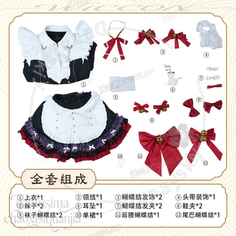 Chisa Cat Tail Sweet Gothic Black White Red Ruffle Maid Mini Dress Bow Long Wig Halloween Party Cosplay Wuthering Waves Badge - view 6