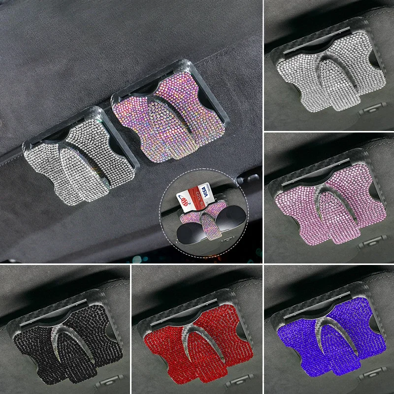 Shiny Diamond Car Sun Visor Glasses Clip Holder Auto Organizer Multi-Pocket Sunshade Card IC Sunglasses Storage Bag Pen Holder