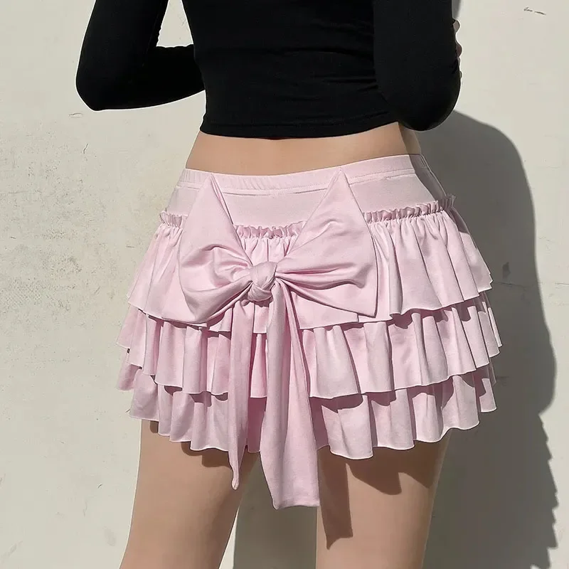 Kawaii Pink Mini Skirt Women Y2k Cutecore Bow Ruffles Skirts Summer Gyaru Fashion Harajuku Sexy Low Waist Slim A Line Faldas New