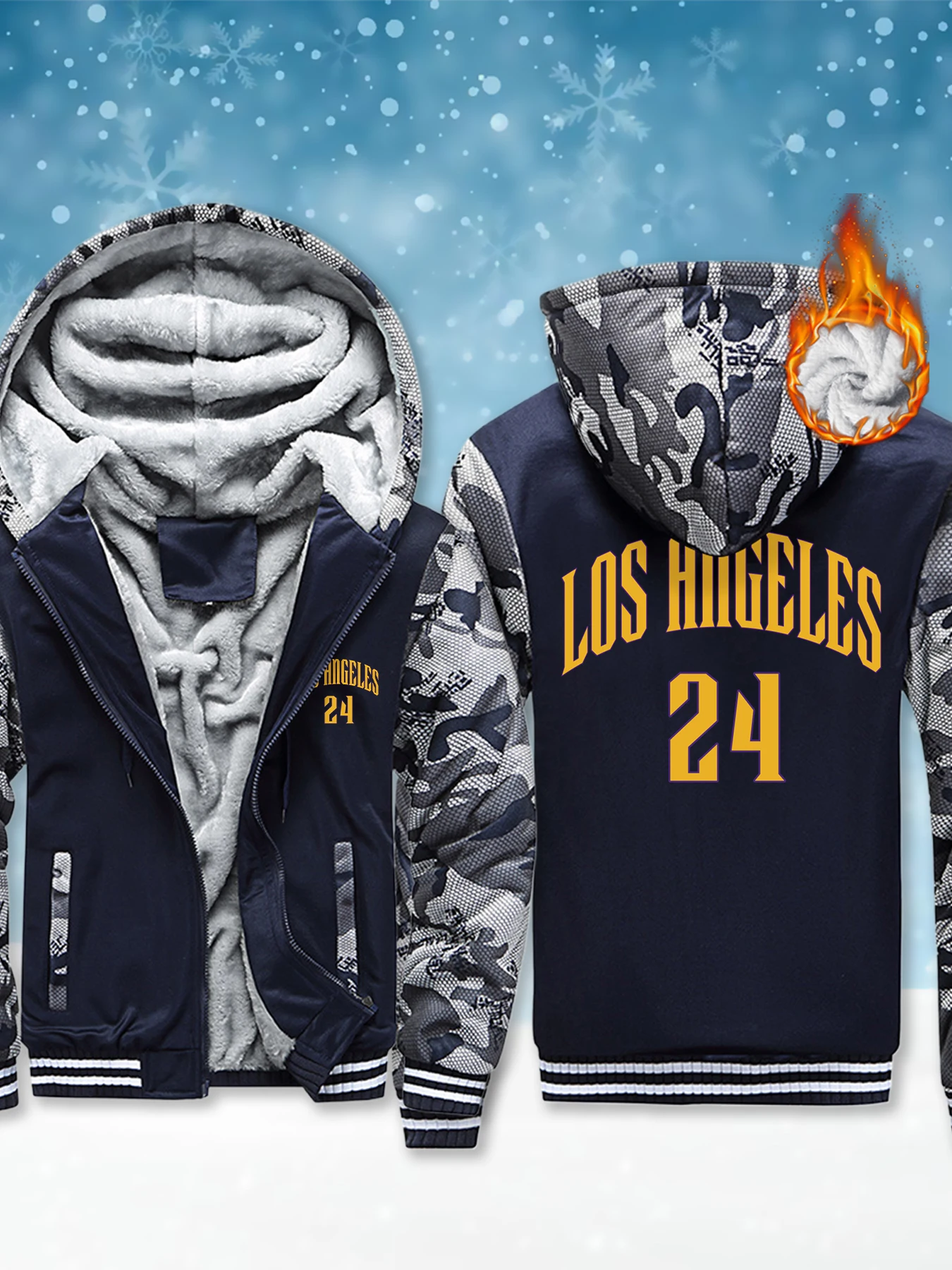 

Los Angeles 24 Letter Printed Men's Zipper Jackets Outdoor Winter Jacket Warm Fleece Hoodies Casual Fashion Loose Hoodie