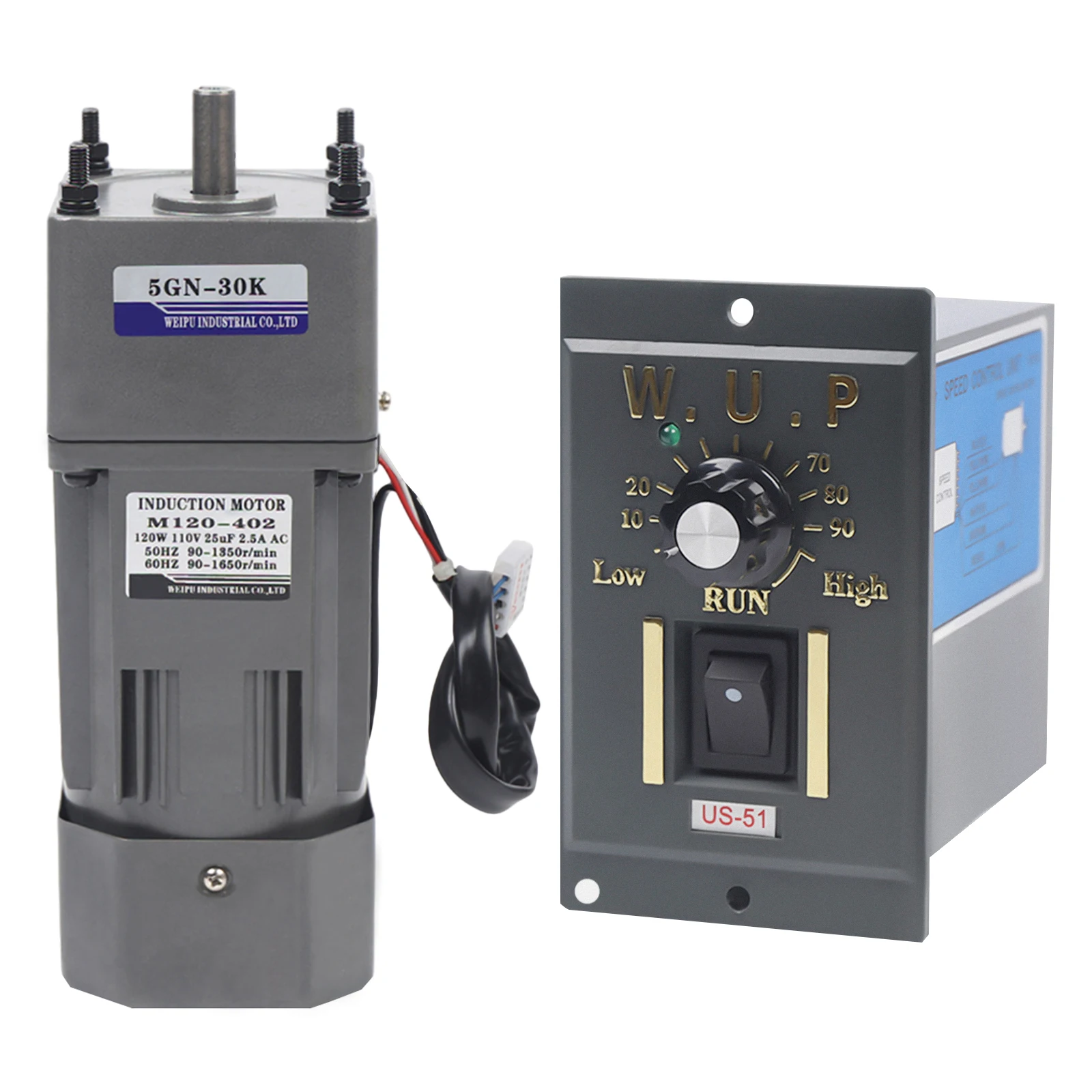 

120W AC Gear Motor with Variable Speed Controller, 110V, 1:30 Reduction Ratio, Reversible, for Industrial Machines