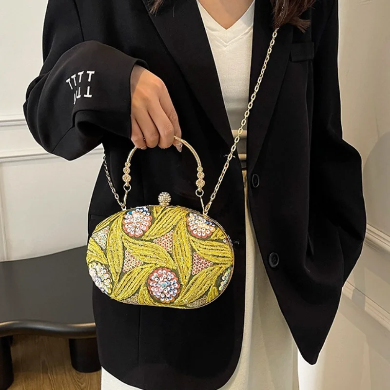 

Retro Sequin Evening Bag Women's Handbag Trendy Chain Crossbody Bag Female Model New 2025 Cross-Border Style Soft Leather
