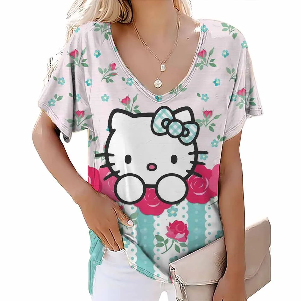 Hello Kitty Women's T-shirt Leopard print V-neck top Summer Vintage Harajuku Women's T-shirt Fashion Loose Women's Clothing